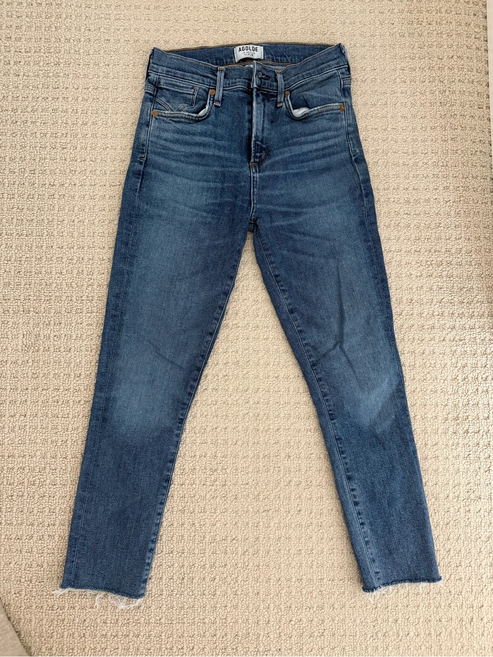 Agolde Medium Blue High-Rise Skinny Jeans with Raw Hem